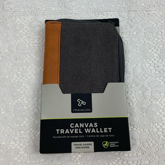 Travelon Canvas Travel Wallet RFID Zip Around Gray brown Slip zip pockets NWT - Picture 1 of 12